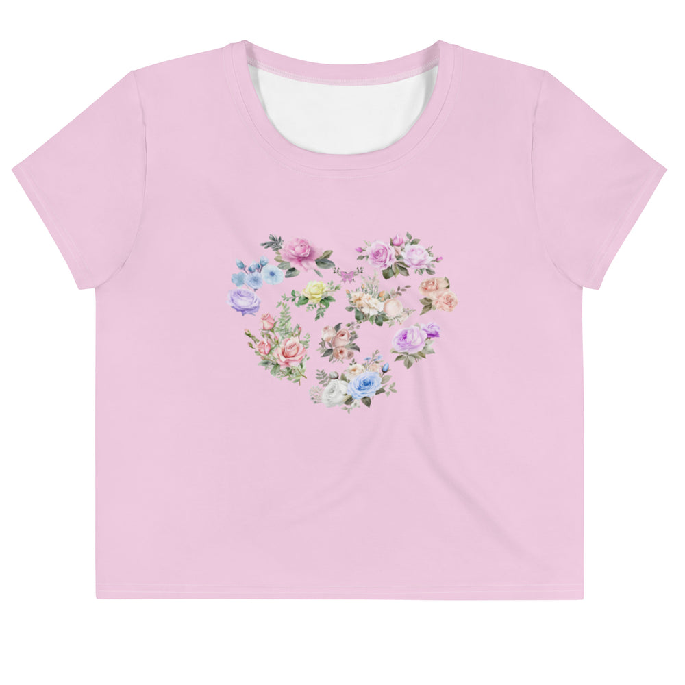 Cute Feminine Crop Pink Tee For Women with a Floral Design in the Shape of a Heart, Minimalist Graphic Decal Crop T-shirt Fun and Flirty Feminine - Perfect for Spring and Summer Fun Half Tee