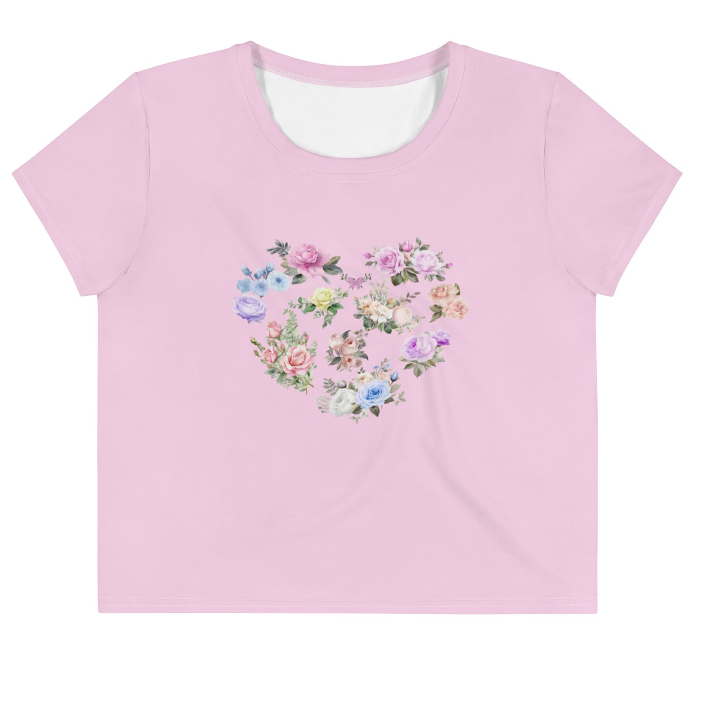 Cute Feminine Crop Pink Tee For Women with a Floral Design in the Shape of a Heart, Minimalist Graphic Decal Crop T-shirt Fun and Flirty Feminine - Perfect for Spring and Summer Fun Half Tee - Printspirationz