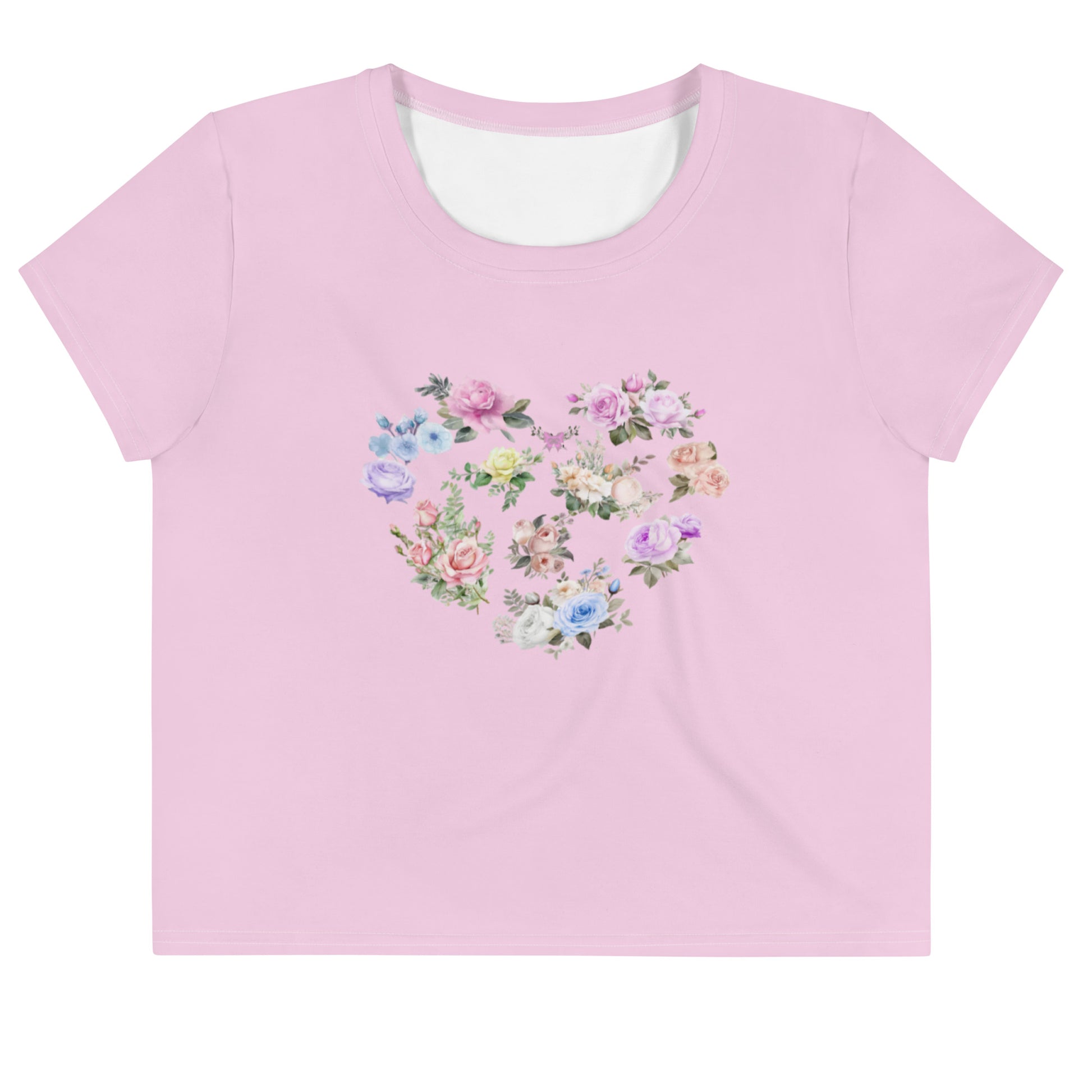 Cute Feminine Crop Pink Tee For Women with a Floral Design in the Shape of a Heart, Minimalist Graphic Decal Crop T-shirt Fun and Flirty Feminine - Perfect for Spring and Summer Fun Half Tee - Printspirationz