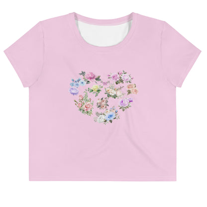 Cute Feminine Crop Pink Tee For Women with a Floral Design in the Shape of a Heart, Minimalist Graphic Decal Crop T-shirt Fun and Flirty Feminine - Perfect for Spring and Summer Fun Half Tee - Printspirationz