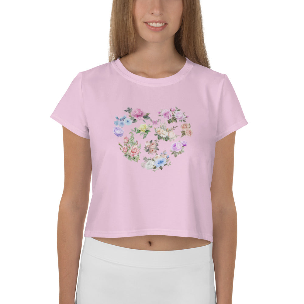 Cute Feminine Crop Pink Tee For Women with a Floral Design in the Shape of a Heart, Minimalist Graphic Decal Crop T-shirt Fun and Flirty Feminine - Perfect for Spring and Summer Fun Half Tee