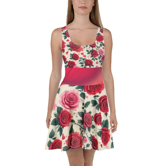 Cute Red Roses Patterned Sleeveless Skater Dress - Perfect, Above the Knee, Spring or Summer Wear - Stylish Mother's Day Outfit - Printspirationz