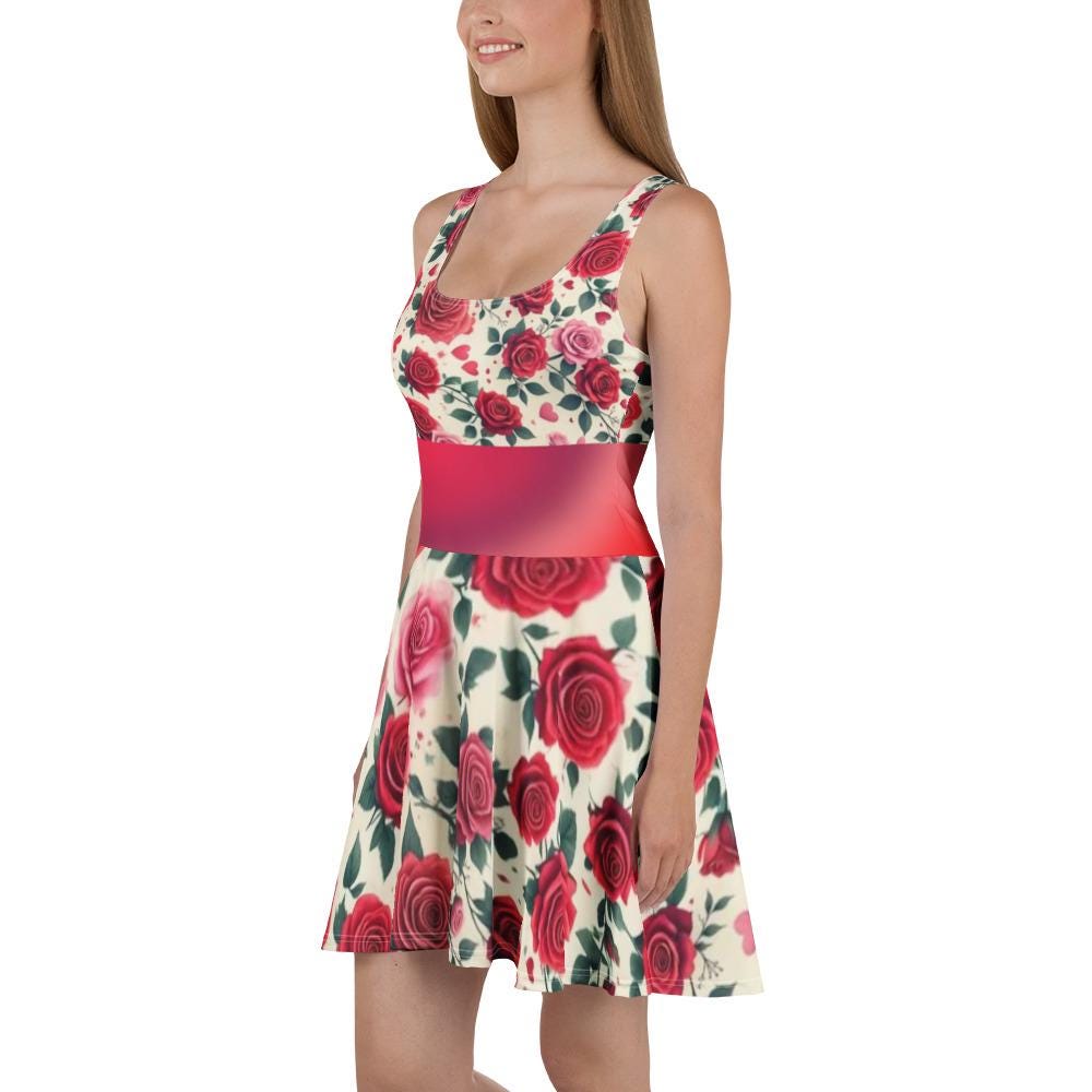 Cute Red Roses Patterned Sleeveless Skater Dress - Perfect, Above the Knee, Spring or Summer Wear - Stylish Mother's Day Outfit