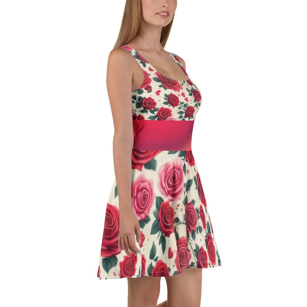 Cute Red Roses Patterned Sleeveless Skater Dress - Perfect, Above the Knee, Spring or Summer Wear - Stylish Mother's Day Outfit
