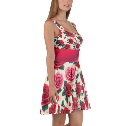 Cute Red Roses Patterned Sleeveless Skater Dress - Perfect, Above the Knee, Spring or Summer Wear - Stylish Mother's Day Outfit - Printspirationz