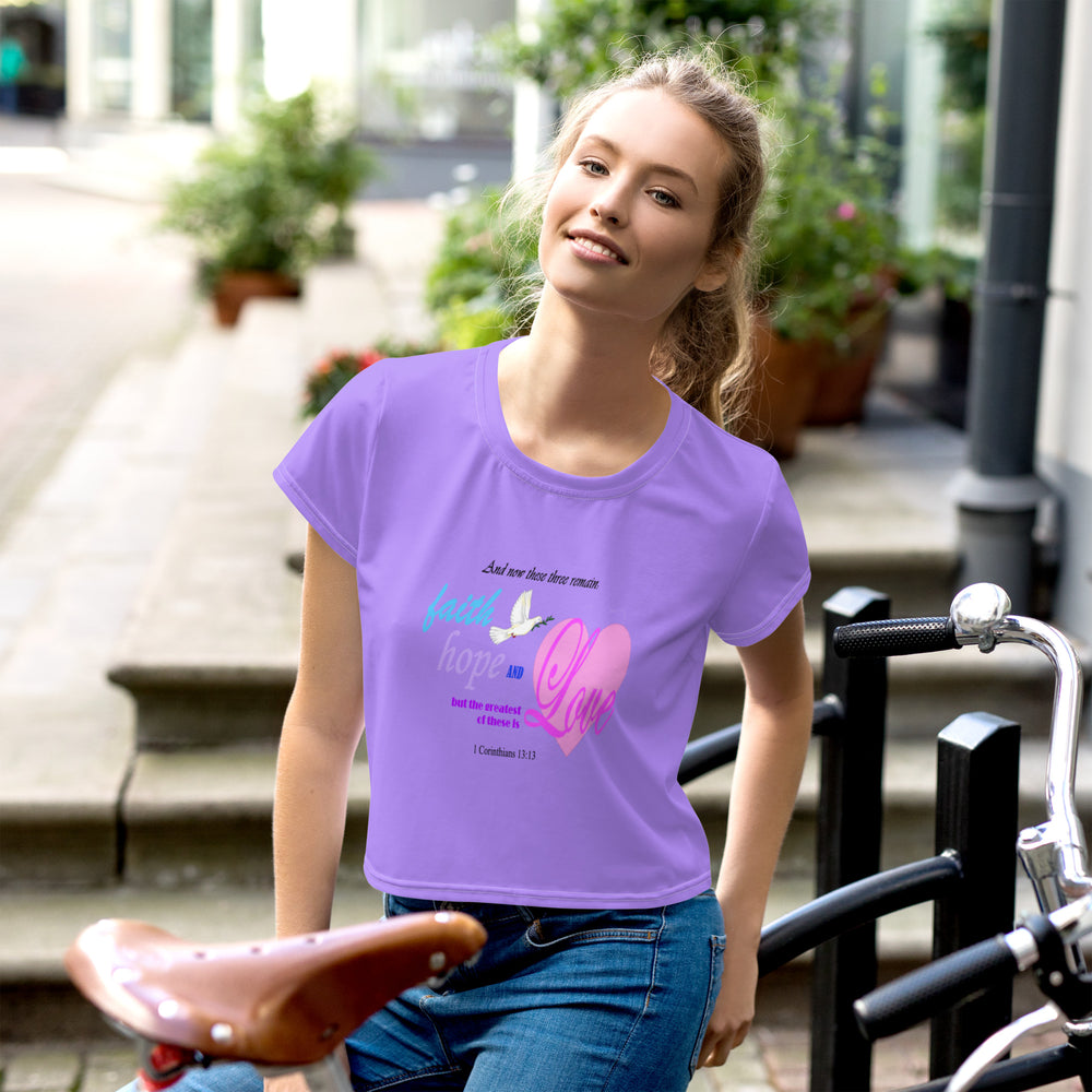 Faith Inspired Crop Tee For Women in Light Purple with Heart and Bible Verse - Trendy Graphic T-Shirt