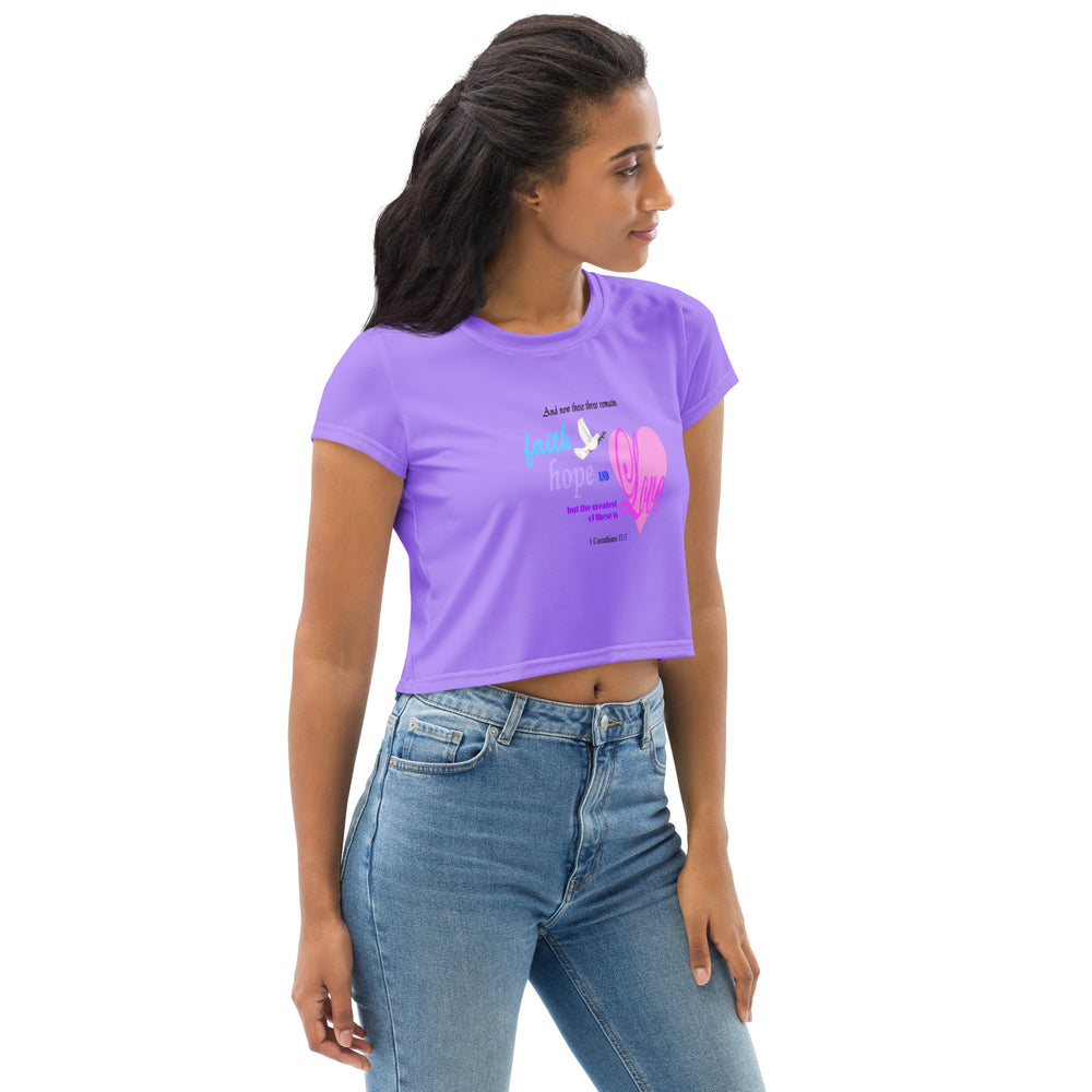 Faith Inspired Crop Tee For Women in Light Purple with Heart and Bible Verse - Trendy Graphic T-Shirt