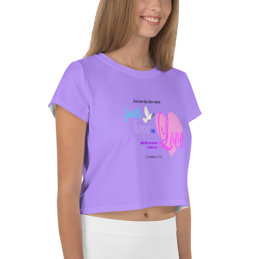 Faith Inspired Crop Tee For Women in Light Purple with Heart and Bible Verse - Trendy Graphic T-Shirt