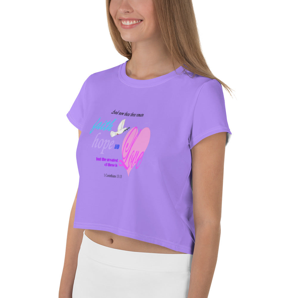 Faith Inspired Crop Tee For Women in Light Purple with Heart and Bible Verse - Trendy Graphic T-Shirt