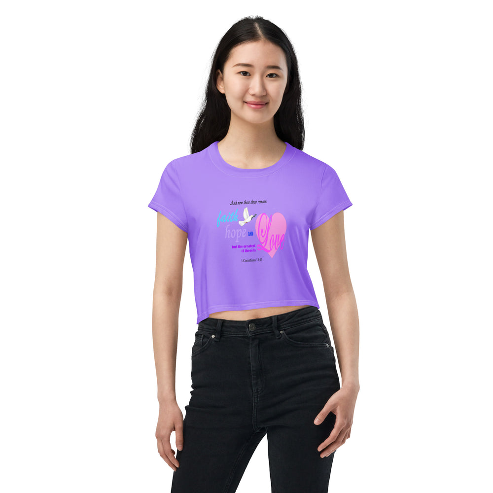 Faith Inspired Crop Tee For Women in Light Purple with Heart and Bible Verse - Trendy Graphic T-Shirt