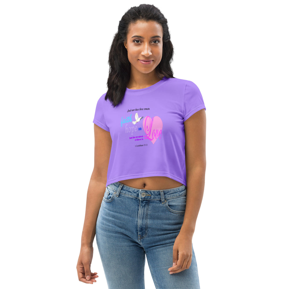 Faith Inspired Crop Tee For Women in Light Purple with Heart and Bible Verse - Trendy Graphic T-Shirt
