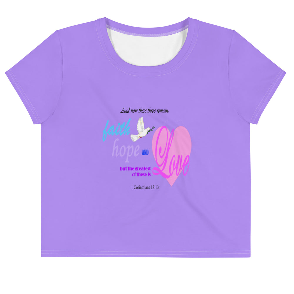 Faith Inspired Crop Tee For Women in Light Purple with Heart and Bible Verse - Trendy Graphic T-Shirt