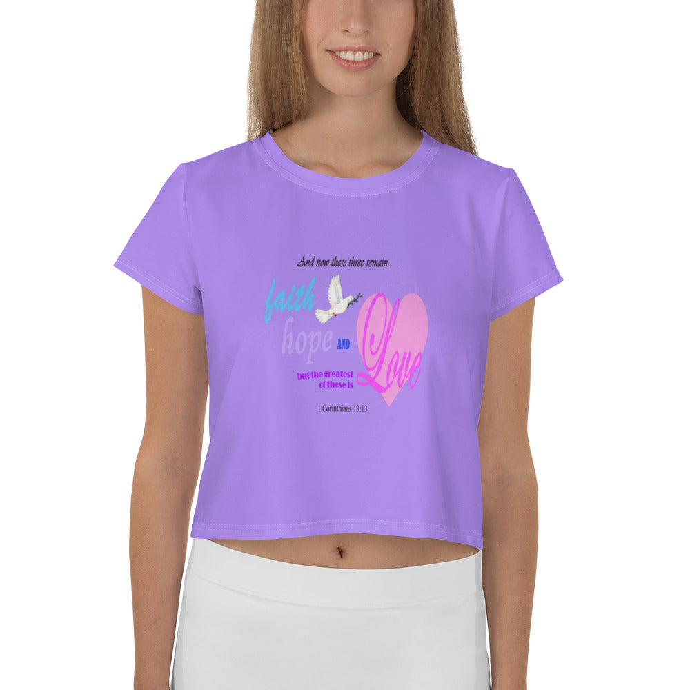Faith Inspired Crop Tee For Women in Light Purple with Heart and Bible Verse - Trendy Graphic T-Shirt