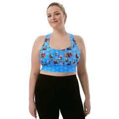 Festive Santa Claus Recycled Longline Sports Bra – Light Blue Snowflake Print Holiday Workout Top for Women