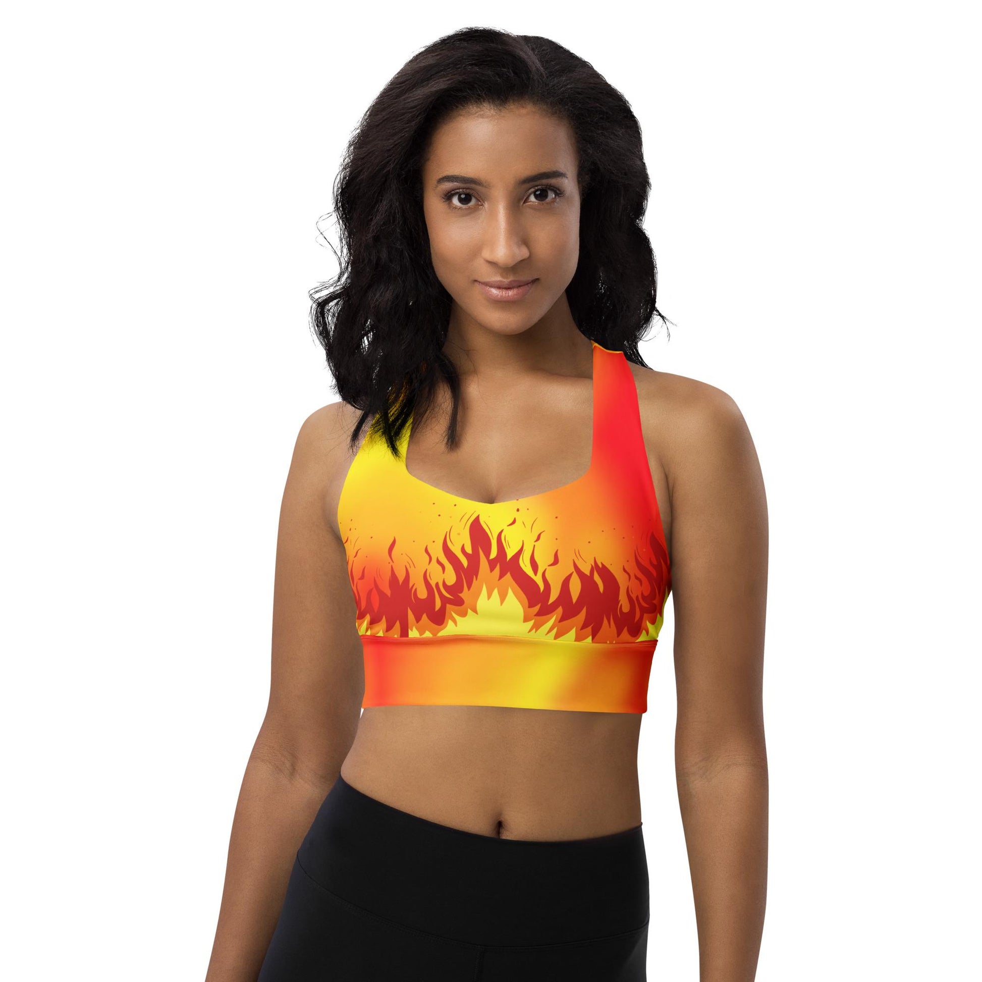 Flaming Fire Recycled Longline Sports Bra, Workout Yoga Activewear Top, Athletic Fitness Gym Clothing, Fire Sports Bra, Flame Print Fire Bra - Printspirationz