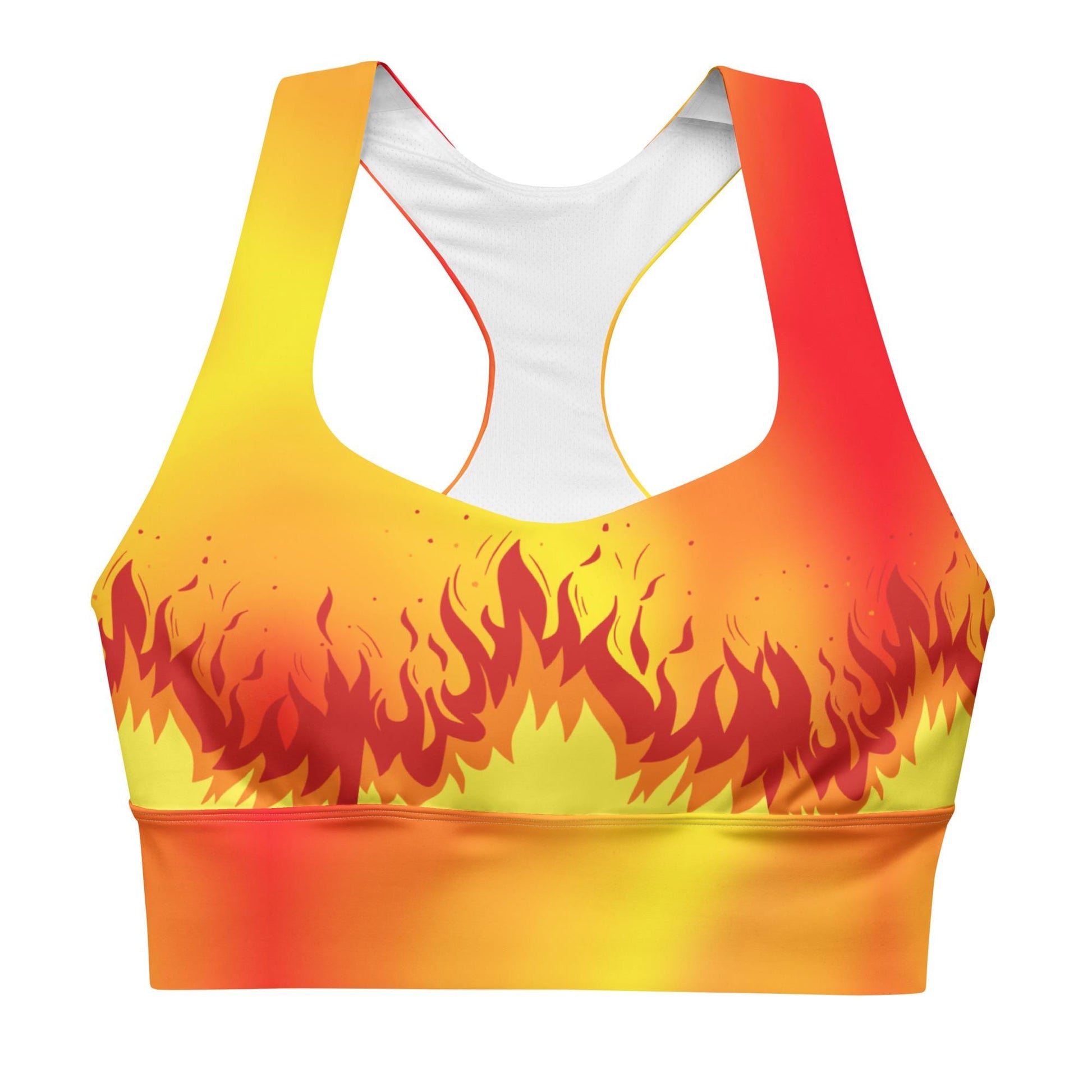 Flaming Fire Recycled Longline Sports Bra, Workout Yoga Activewear Top, Athletic Fitness Gym Clothing, Fire Sports Bra, Flame Print Fire Bra - Printspirationz