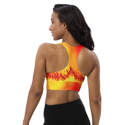 Flaming Fire Recycled Longline Sports Bra, Workout Yoga Activewear Top, Athletic Fitness Gym Clothing, Fire Sports Bra, Flame Print Fire Bra - Printspirationz