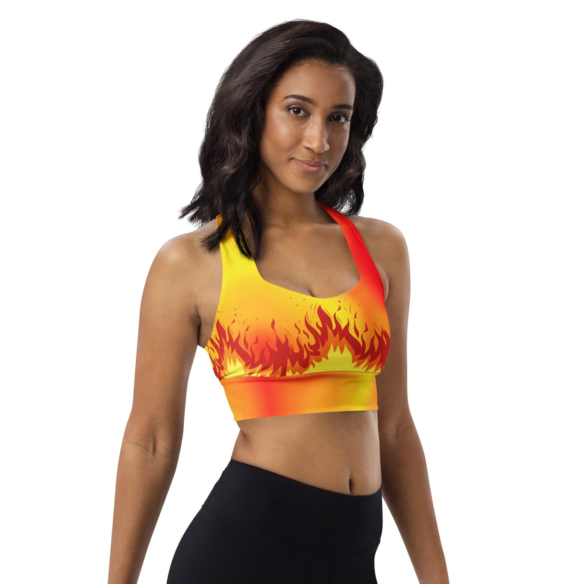 Flaming Fire Recycled Longline Sports Bra, Workout Yoga Activewear Top, Athletic Fitness Gym Clothing, Fire Sports Bra, Flame Print Fire Bra - Printspirationz