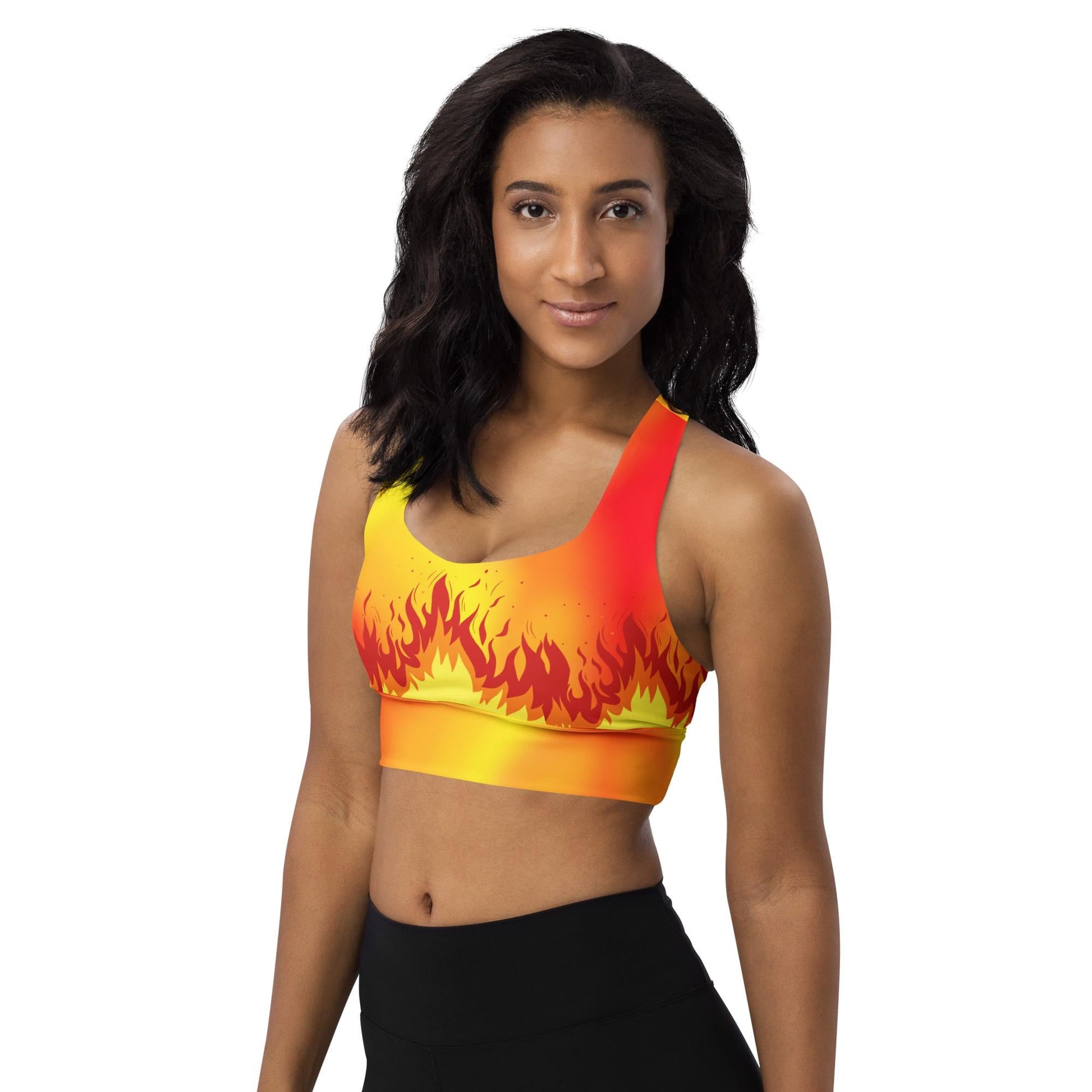 Flaming Fire Recycled Longline Sports Bra, Workout Yoga Activewear Top, Athletic Fitness Gym Clothing, Fire Sports Bra, Flame Print Fire Bra - Printspirationz