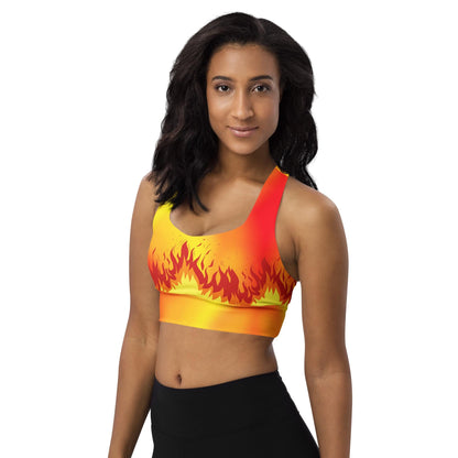 Flaming Fire Recycled Longline Sports Bra, Workout Yoga Activewear Top, Athletic Fitness Gym Clothing, Fire Sports Bra, Flame Print Fire Bra - Printspirationz
