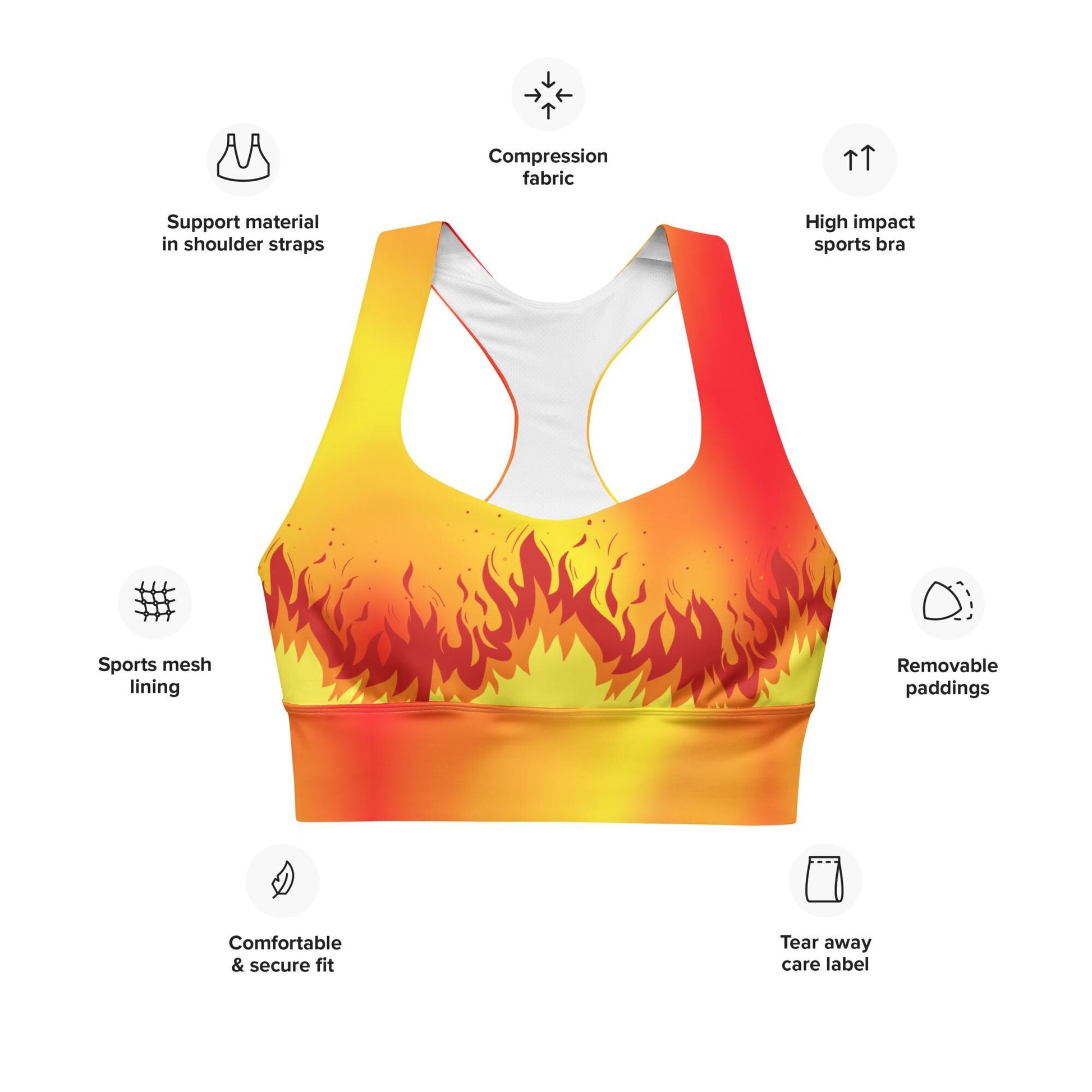 Flaming Fire Recycled Longline Sports Bra, Workout Yoga Activewear Top, Athletic Fitness Gym Clothing, Fire Sports Bra, Flame Print Fire Bra - Printspirationz