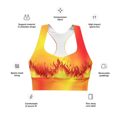 Flaming Fire Recycled Longline Sports Bra, Workout Yoga Activewear Top, Athletic Fitness Gym Clothing, Fire Sports Bra, Flame Print Fire Bra - Printspirationz