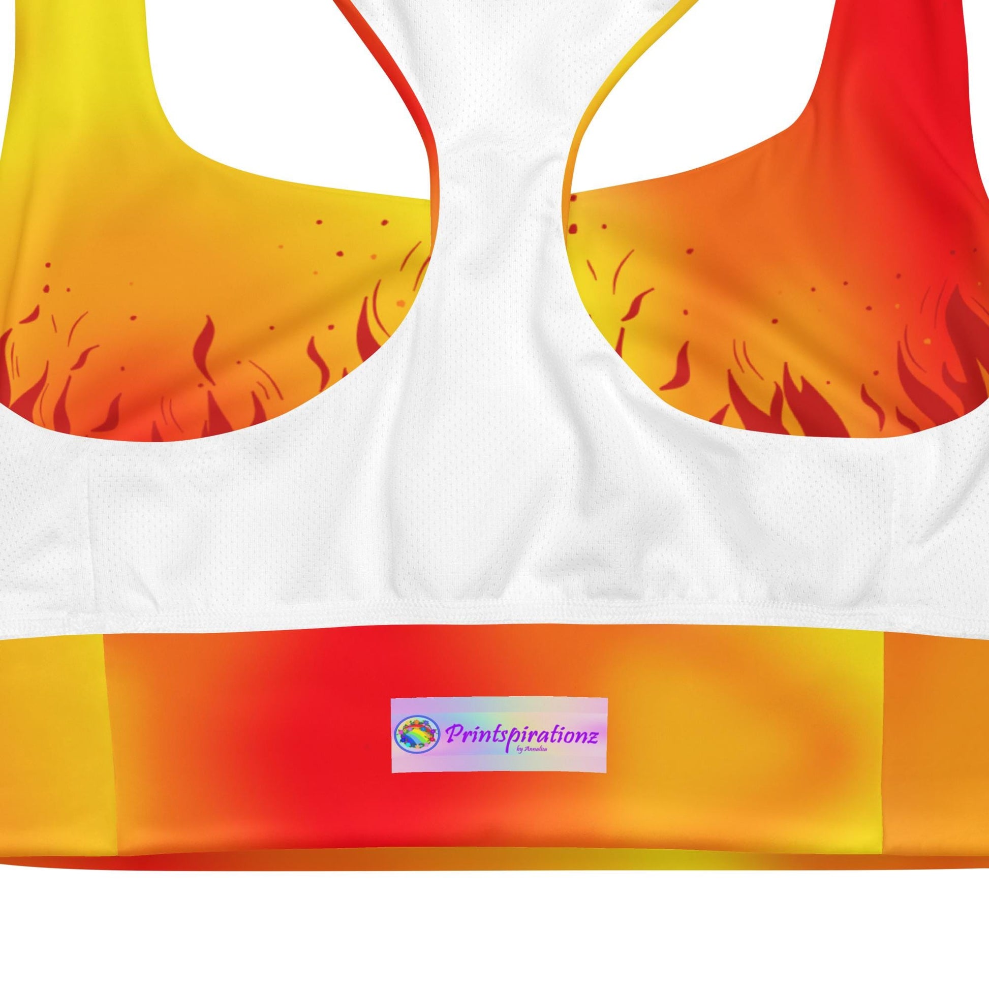 Flaming Fire Recycled Longline Sports Bra, Workout Yoga Activewear Top, Athletic Fitness Gym Clothing, Fire Sports Bra, Flame Print Fire Bra - Printspirationz