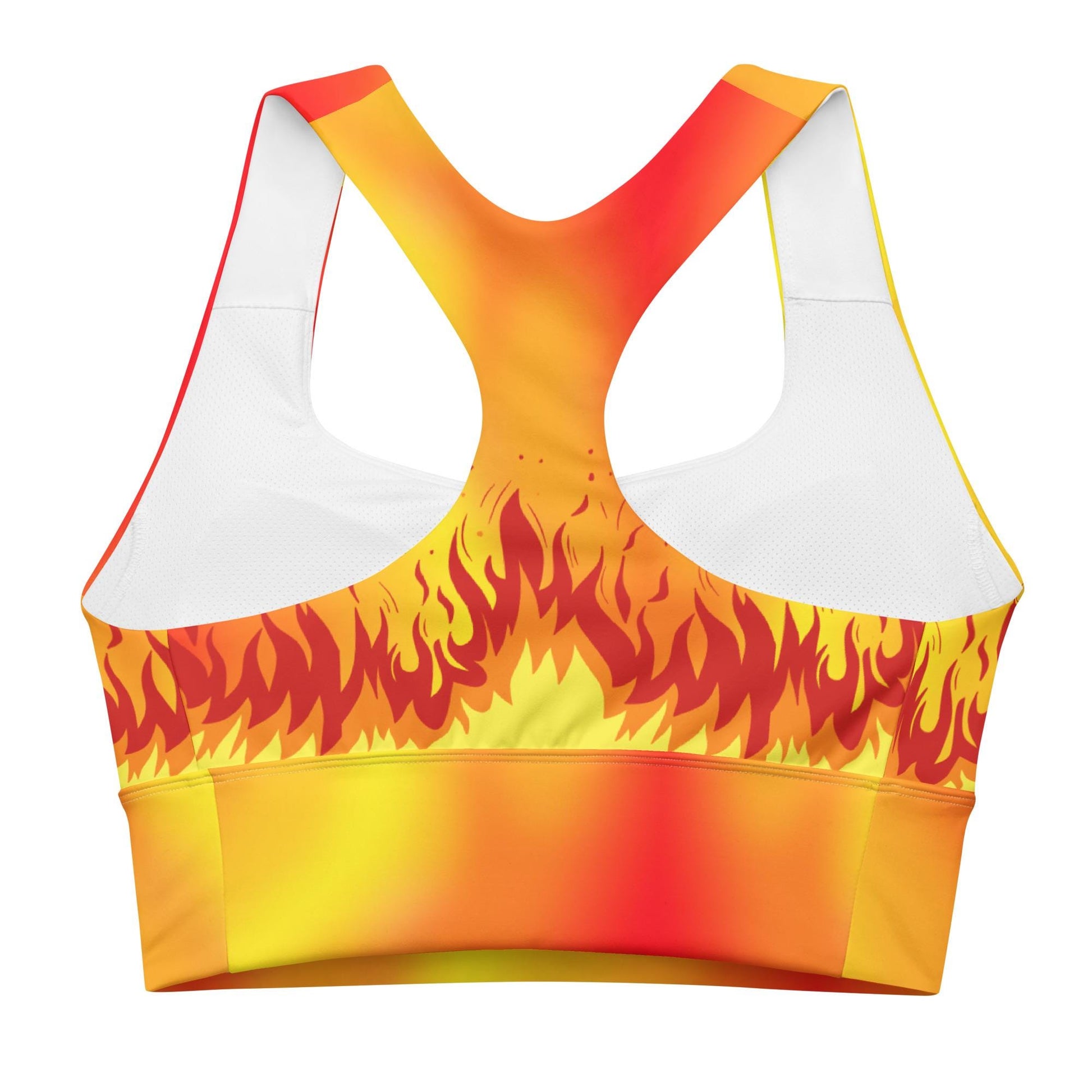 Flaming Fire Recycled Longline Sports Bra, Workout Yoga Activewear Top, Athletic Fitness Gym Clothing, Fire Sports Bra, Flame Print Fire Bra - Printspirationz