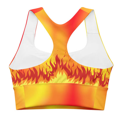Flaming Fire Recycled Longline Sports Bra, Workout Yoga Activewear Top, Athletic Fitness Gym Clothing, Fire Sports Bra, Flame Print Fire Bra - Printspirationz