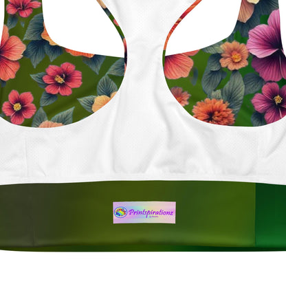 Floral Hibiscus Recycled Longline Sports Bra - Sustainable, Eco-Friendly Activewear on Green Background - Fitness Apparel - Printspirationz