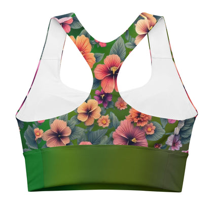 Floral Hibiscus Recycled Longline Sports Bra - Sustainable, Eco-Friendly Activewear on Green Background - Fitness Apparel - Printspirationz