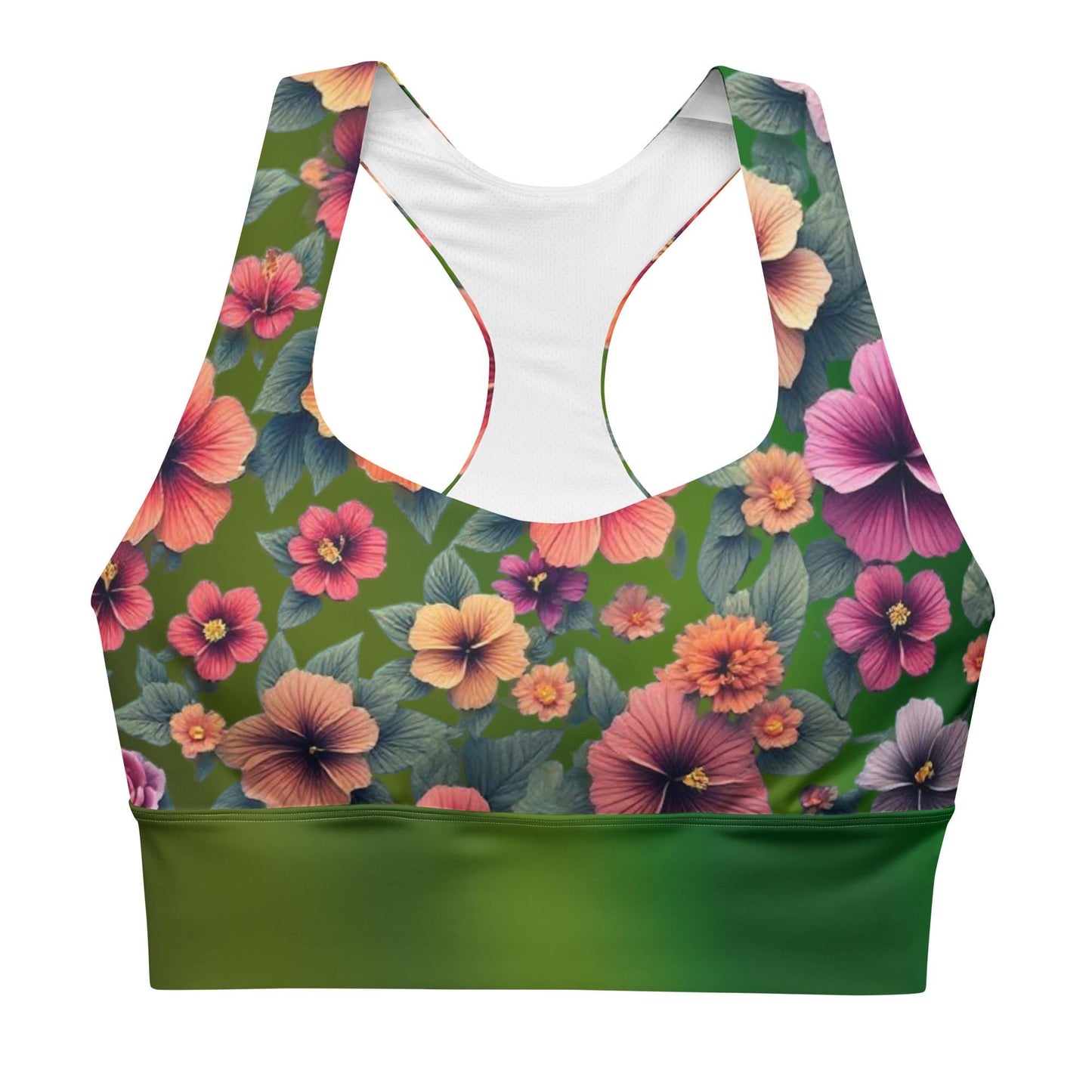 Floral Hibiscus Recycled Longline Sports Bra - Sustainable, Eco-Friendly Activewear on Green Background - Fitness Apparel - Printspirationz