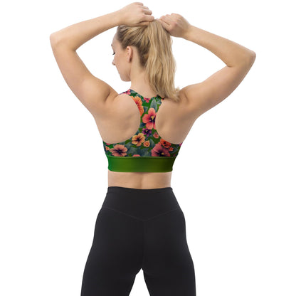 Floral Hibiscus Recycled Longline Sports Bra - Sustainable, Eco-Friendly Activewear on Green Background - Fitness Apparel - Printspirationz