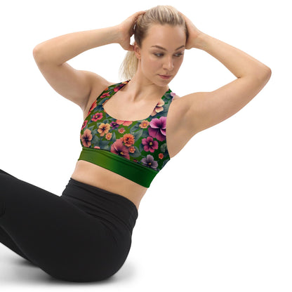 Floral Hibiscus Recycled Longline Sports Bra - Sustainable, Eco-Friendly Activewear on Green Background - Fitness Apparel - Printspirationz