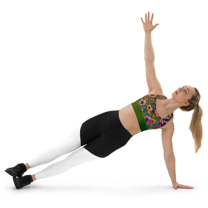 Floral Hibiscus Recycled Longline Sports Bra - Sustainable, Eco-Friendly Activewear on Green Background - Fitness Apparel - Printspirationz