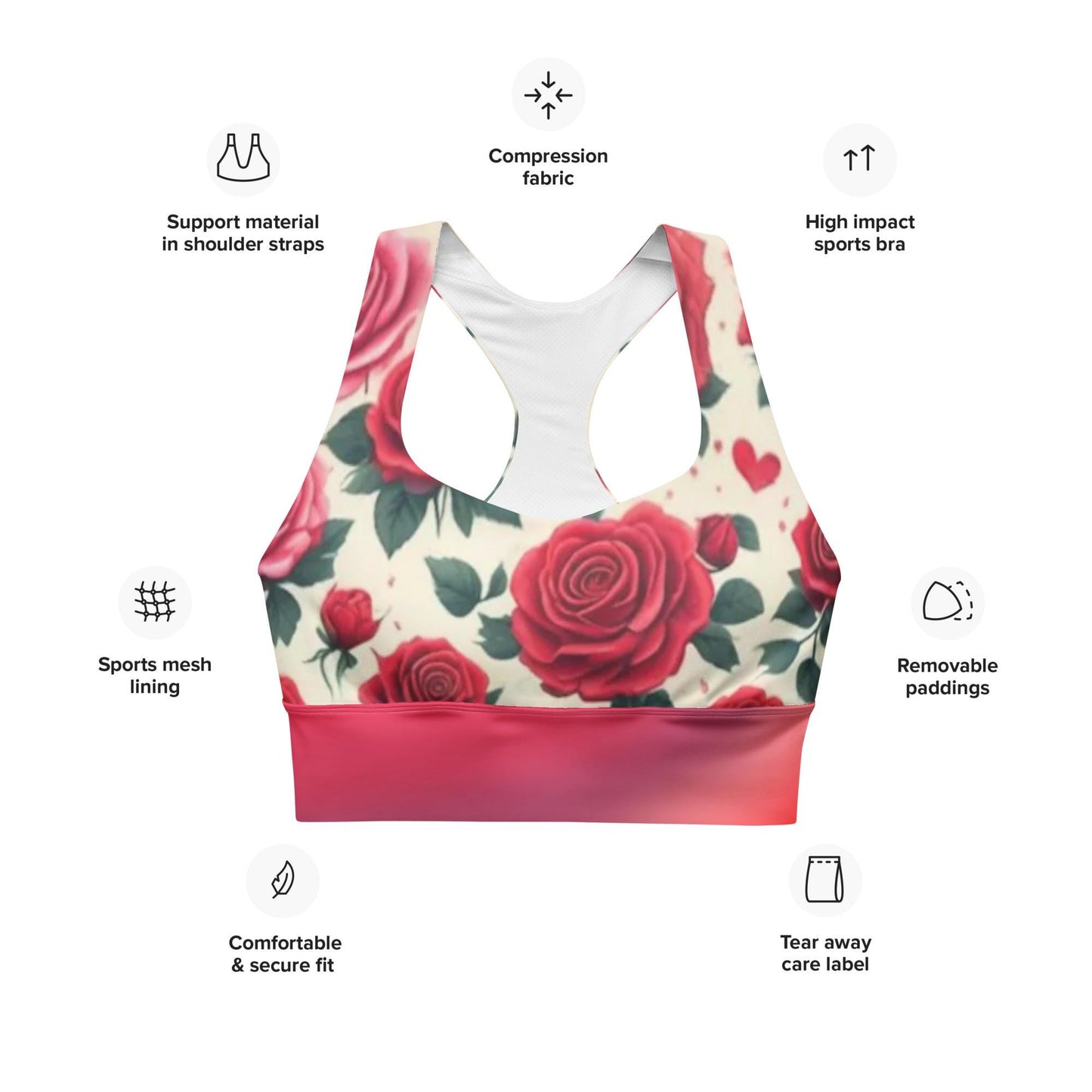FloralRed Rose Patterned Recycled Longline Sports Bra - Perfect blend of Eco-Friendly Sunstainability Activewear for Comfort & Style - Printspirationz