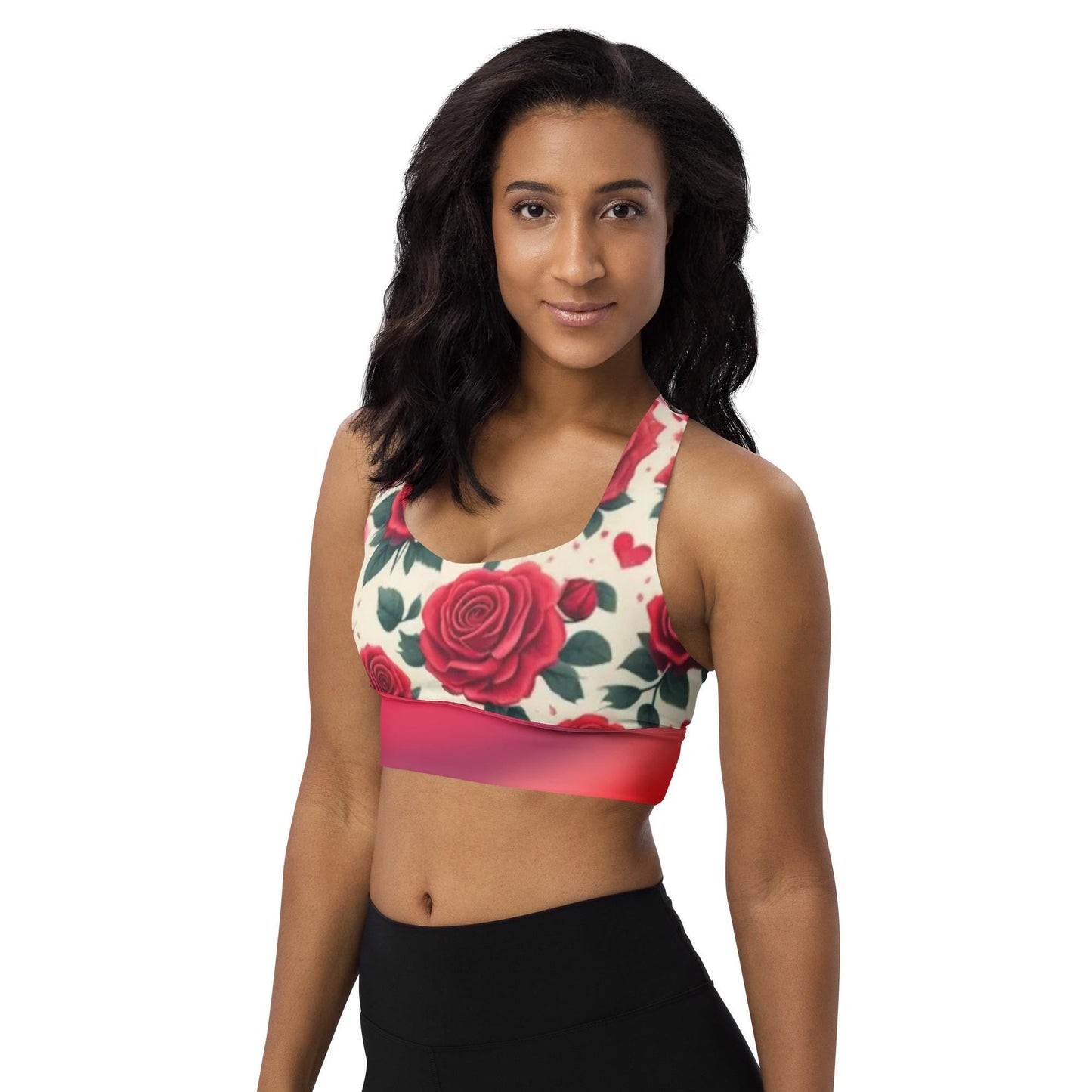 FloralRed Rose Patterned Recycled Longline Sports Bra - Perfect blend of Eco-Friendly Sunstainability Activewear for Comfort & Style - Printspirationz