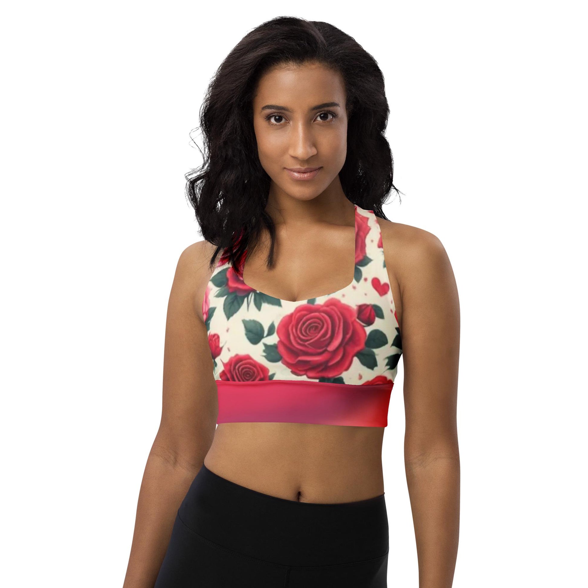 FloralRed Rose Patterned Recycled Longline Sports Bra - Perfect blend of Eco-Friendly Sunstainability Activewear for Comfort & Style - Printspirationz