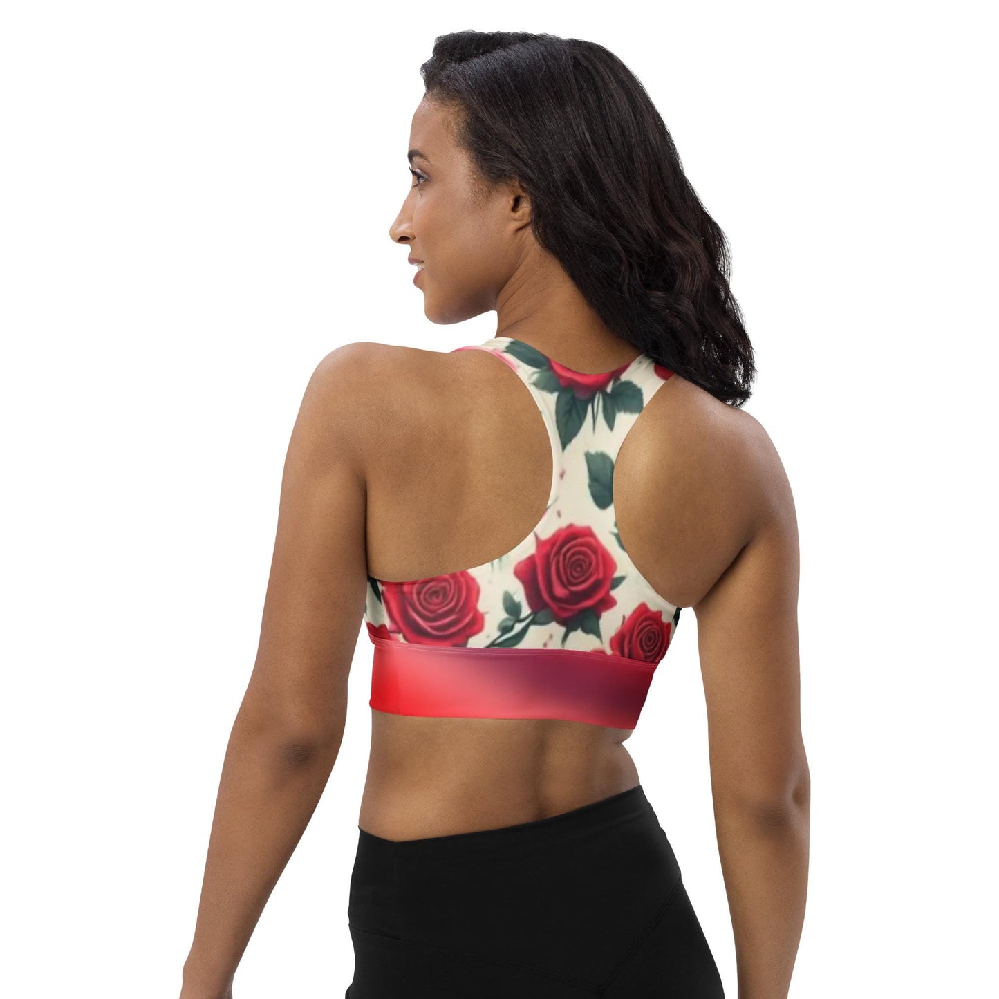 FloralRed Rose Patterned Recycled Longline Sports Bra - Perfect blend of Eco-Friendly Sunstainability Activewear for Comfort & Style - Printspirationz