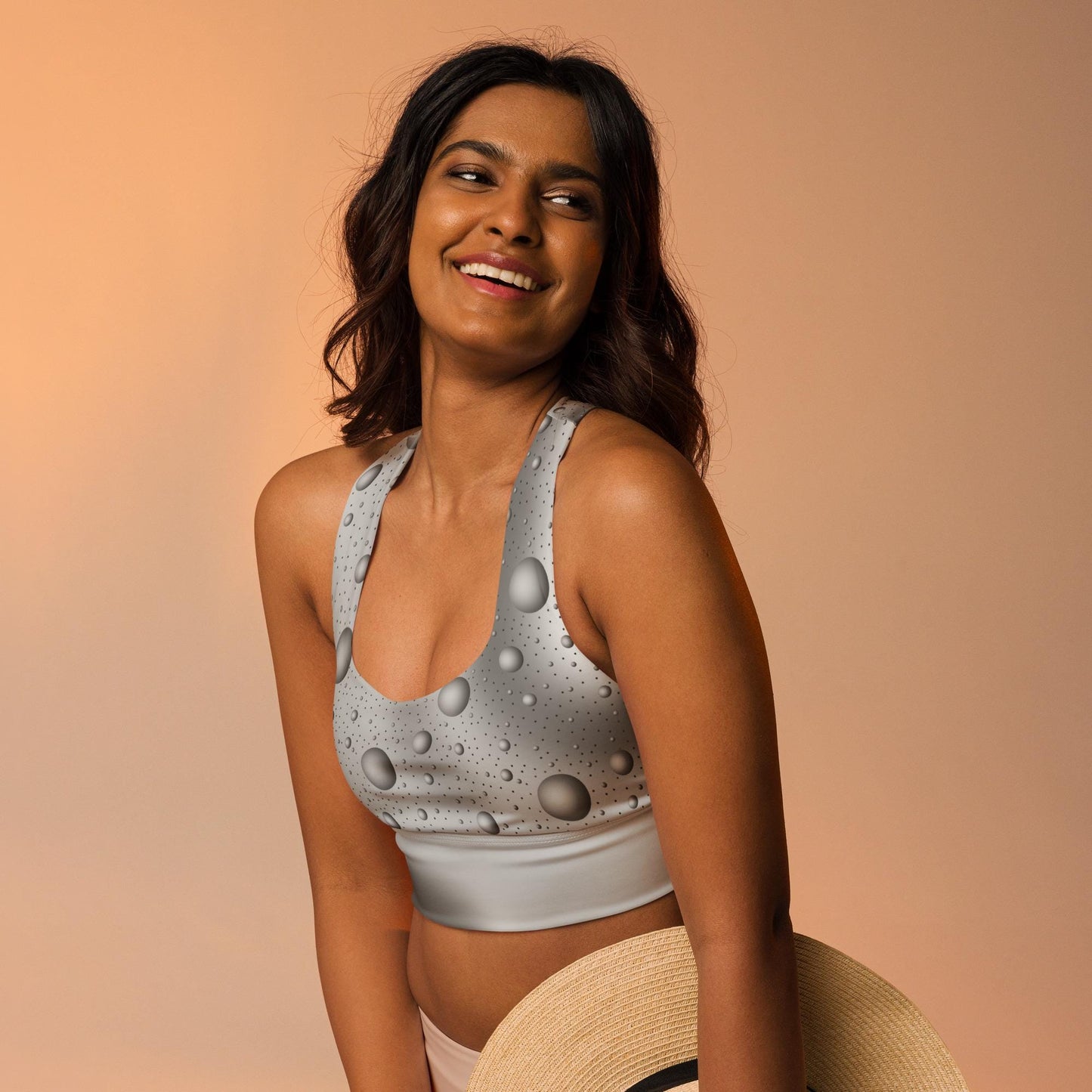 Grey Bubbles Recycled Longline Sports Bra on Gradient Background - Athletic Fitness Fashion Essential Bra, Women's Activewear, Gym Essential - Printspirationz