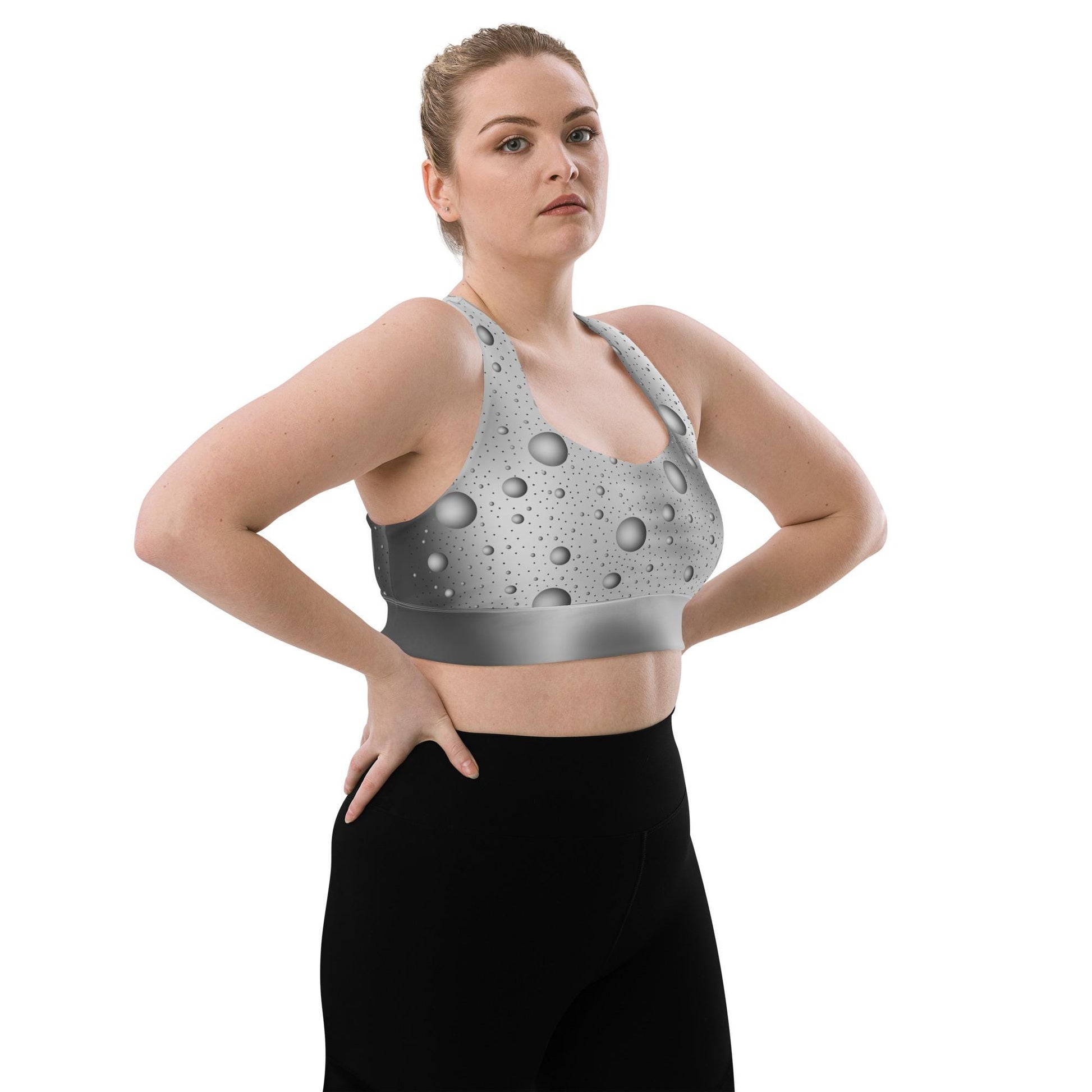 Grey Bubbles Recycled Longline Sports Bra on Gradient Background - Athletic Fitness Fashion Essential Bra, Women's Activewear, Gym Essential - Printspirationz