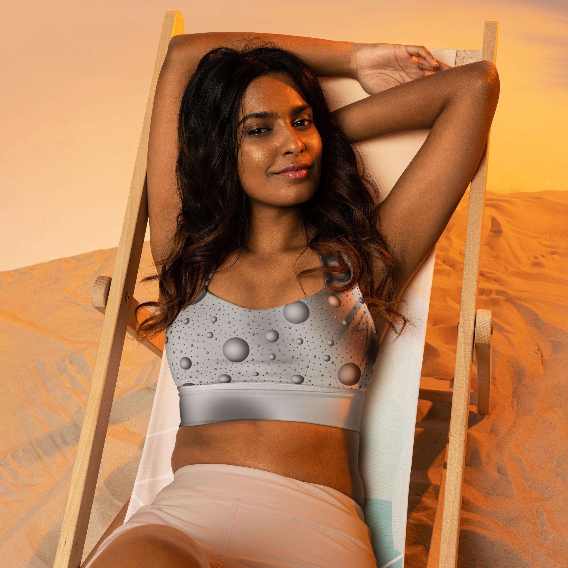 Grey Bubbles Recycled Longline Sports Bra on Gradient Background - Athletic Fitness Fashion Essential Bra, Women's Activewear, Gym Essential