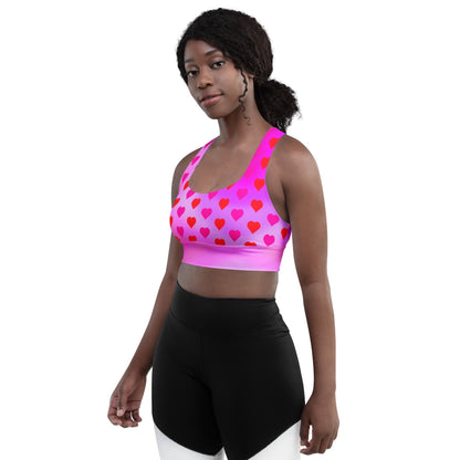 Heart Pattern Longline Sports Bra | Recycled Material | Bright Pink Gradient Design, Valentine's Day Design - Printspirationz