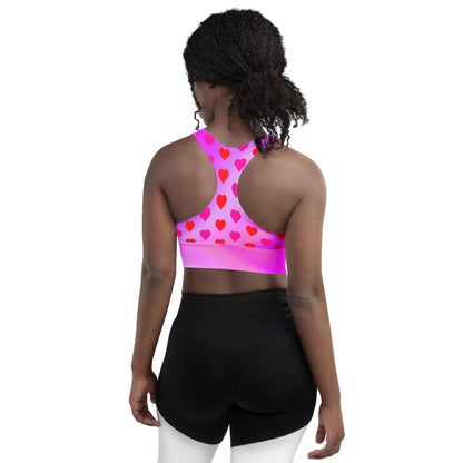 Heart Pattern Longline Sports Bra | Recycled Material | Bright Pink Gradient Design, Valentine's Day Design - Printspirationz