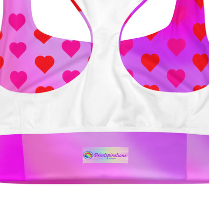 Heart Pattern Longline Sports Bra | Recycled Material | Bright Pink Gradient Design, Valentine's Day Design - Printspirationz