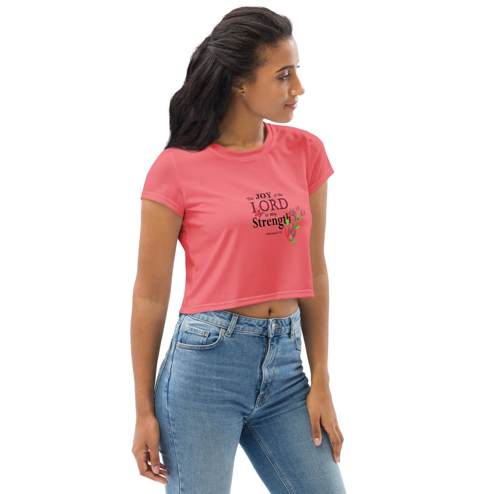 Minimalist Salmon Colored Crop T-Shirt For Women with Floral Bible Verse | 'The Joy of the Lord is My Strength' Graphic Art Design, crop top  gift,