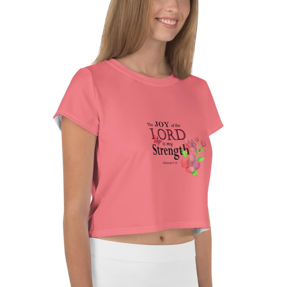 Minimalist Salmon Colored Crop T-Shirt For Women with Floral Bible Verse | 'The Joy of the Lord is My Strength' Graphic Art Design, crop top  gift,