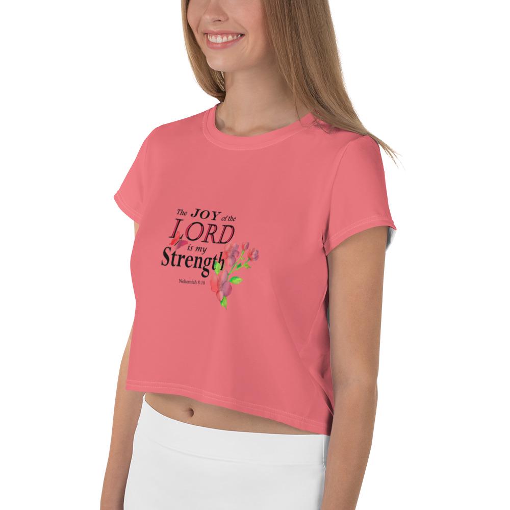 Minimalist Salmon Colored Crop T-Shirt For Women with Floral Bible Verse | 'The Joy of the Lord is My Strength' Graphic Art Design, crop top  gift,