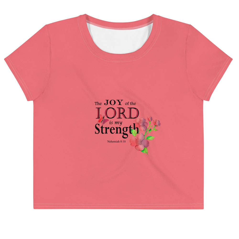 Minimalist Salmon Colored Crop T-Shirt For Women with Floral Bible Verse | 'The Joy of the Lord is My Strength' Graphic Art Design, crop top  gift,