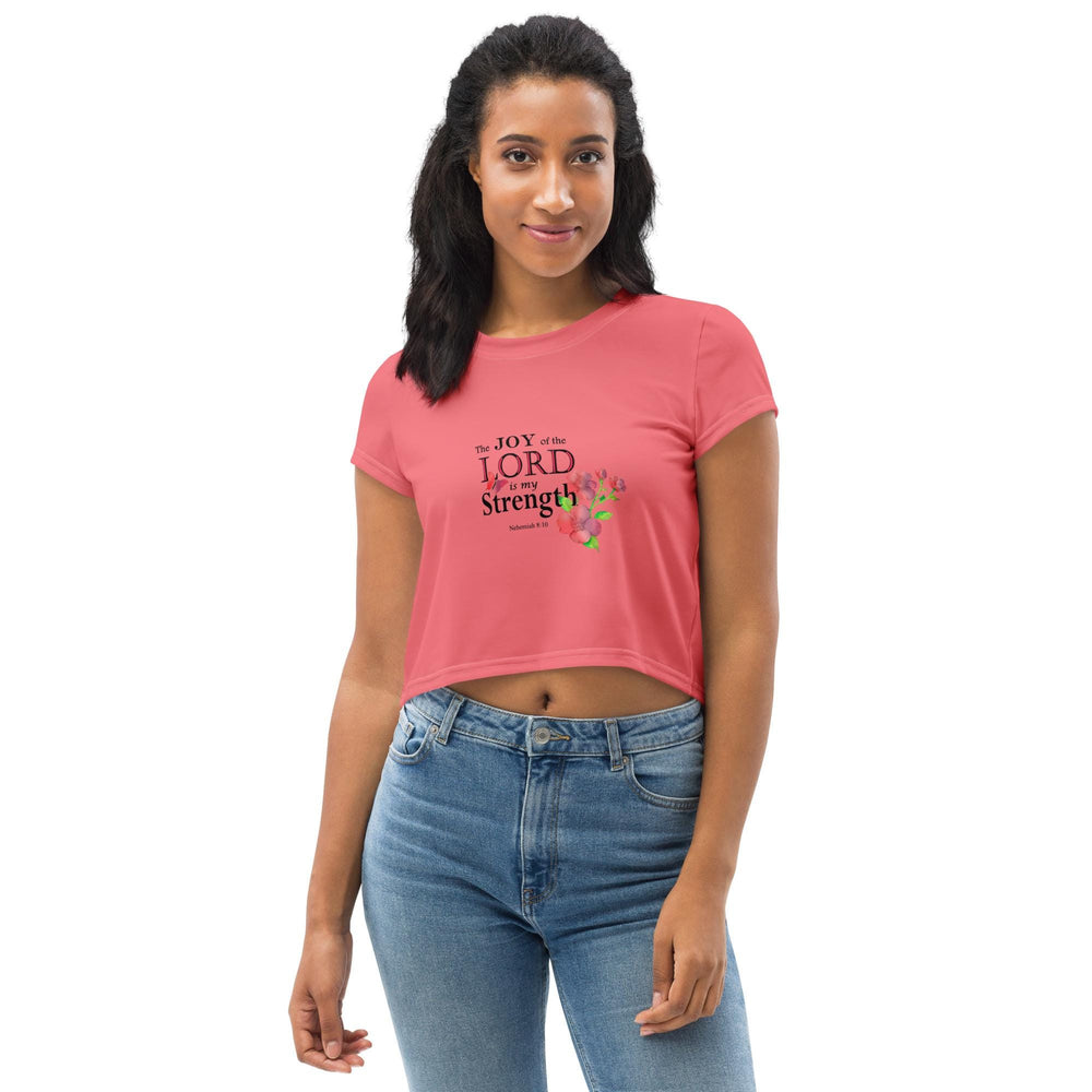 Minimalist Salmon Colored Crop T-Shirt For Women with Floral Bible Verse | 'The Joy of the Lord is My Strength' Graphic Art Design, crop top  gift,